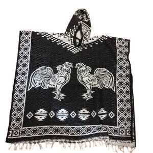 Authentic Mexican Gaban with Hoodie | Jorongo | Pancho | Rooster Design | Black
